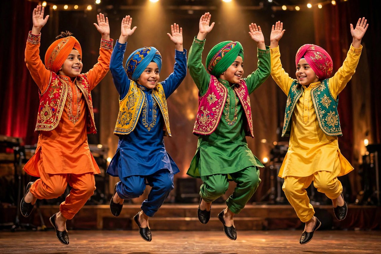 Young boys performing Bhangra in bright traditional costumes, mid-jump with arms raised