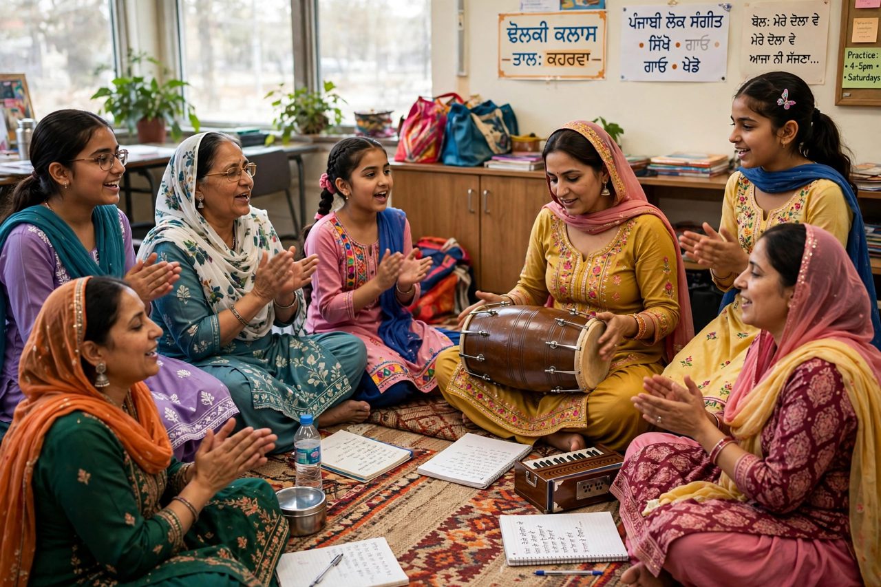 Students seated in a circle at a Dholki class, singing and clapping while one person plays the dholki