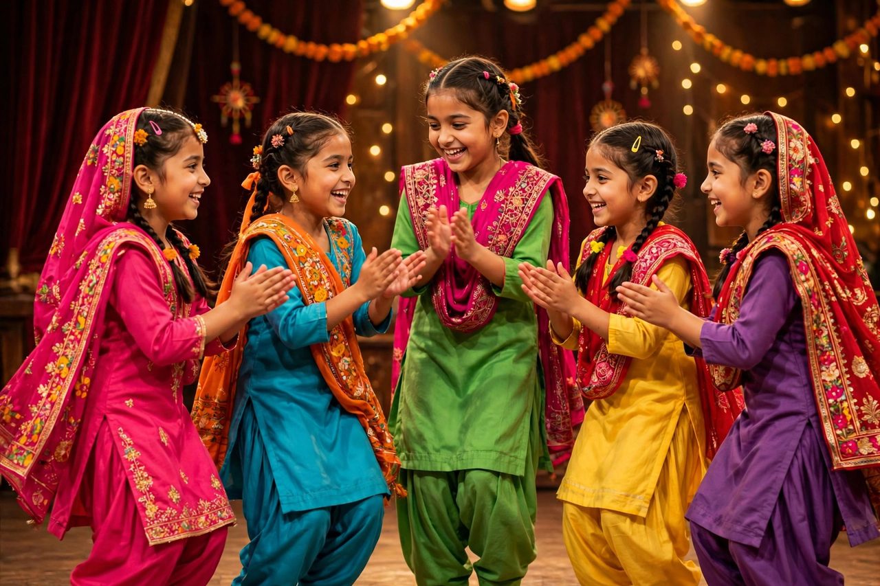 Young girls performing Giddha together in colorful traditional Punjabi clothing